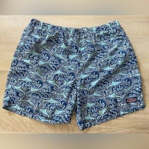Vineyard Vines 7” Printed Chappy Shark Blue Lined Drawstring Swim Trunks Shorts